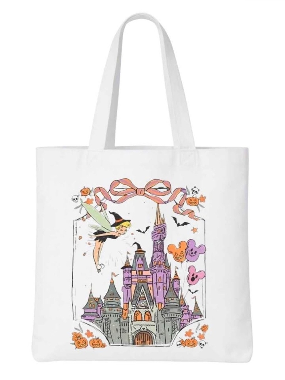 Halloween Disney Castle And Tinkerbell White Tote Bag